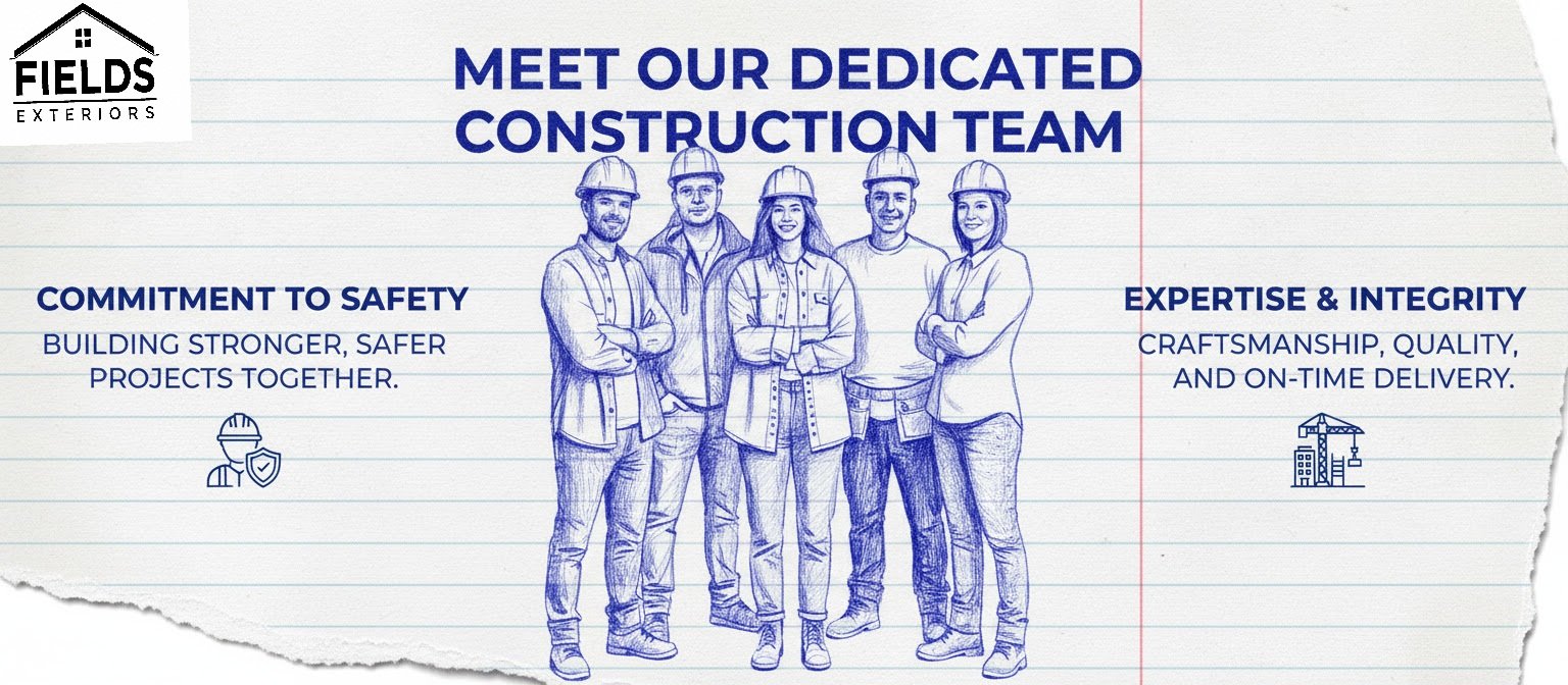 Illustration of the Fields Exteriors construction team in hardhats, with commitment to safety and expertise callouts